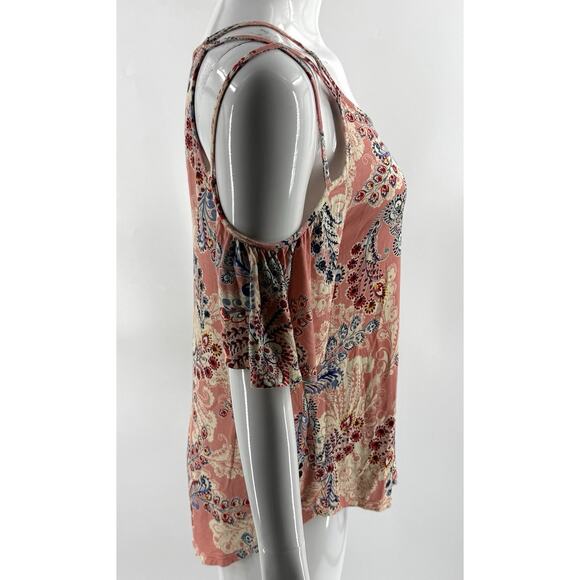 Daytrip Cold Shoulder Top Size Medium Pink Blue Paisley Print Ruffle Sleeve - Picture 3 of 7